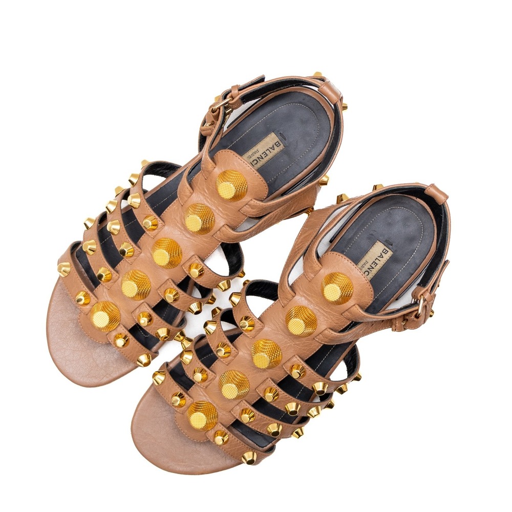 Balenciaga Women's Gladiator Sandals – Brown Leather  Gold Studs –Sz EU 40/US 10 - Picture 6 of 12